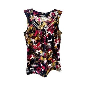 CHRISTOPHER BANKS, MULTI-COLOR PRINT TOP. ROUND SHIRRED NECK. SIZE P/S